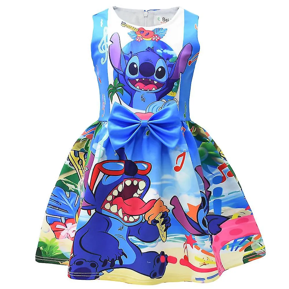 5-9 años Niños Niñas Lilo y Puntada Dibujos Animados Estampado Traje Falda Vestido de Skater sin mangas Princesa Cosplay Disfraz