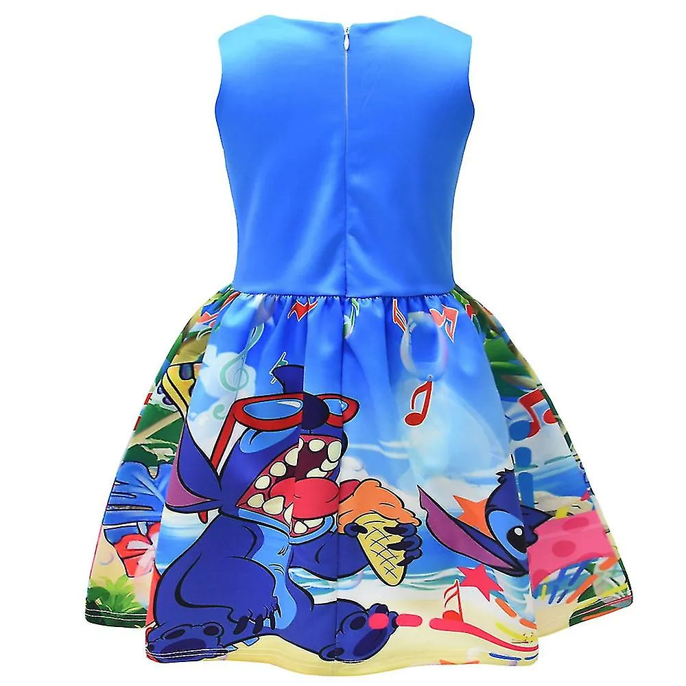 5-9 años Niños Niñas Lilo y Puntada Dibujos Animados Estampado Traje Falda Vestido de Skater sin mangas Princesa Cosplay Disfraz
